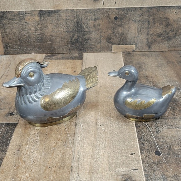 Other - Vintage Pewter Brass Duck Figurine Trinket Box Orante Decor Set‎ of 2 Hong Kong